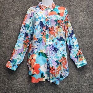 NWT Fig and Flower Womens Floral Watercolor Rayon Button Down Tunic Blouse L